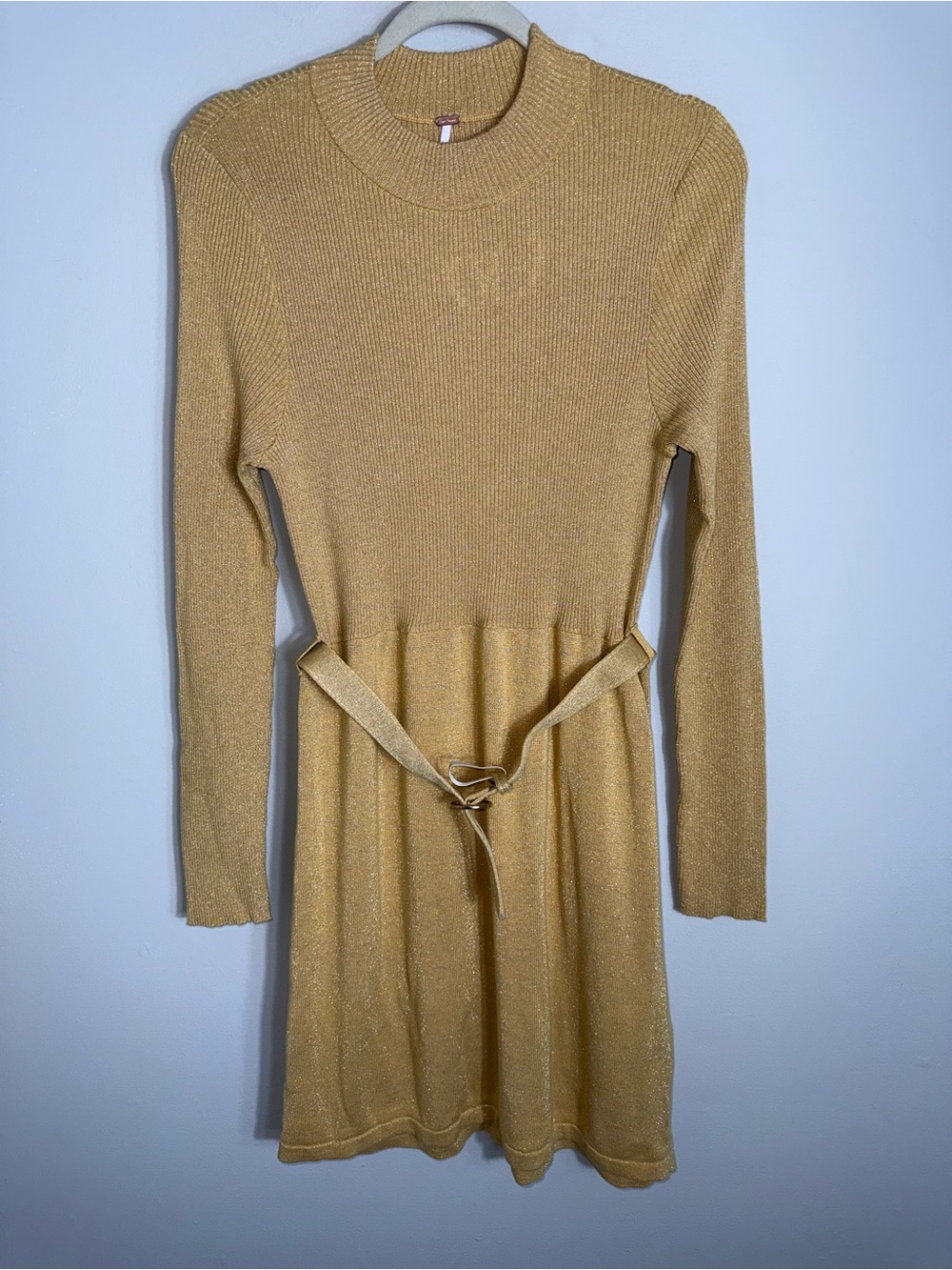 Free People Fitted Knit Dress-Metallic Gold-Belted-Ribbed Knit-Size Large